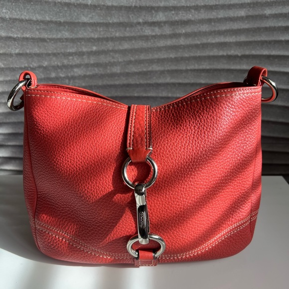 Coach Coral Red Leather Hampton Clip Lock Hobo - Picture 4 of 9